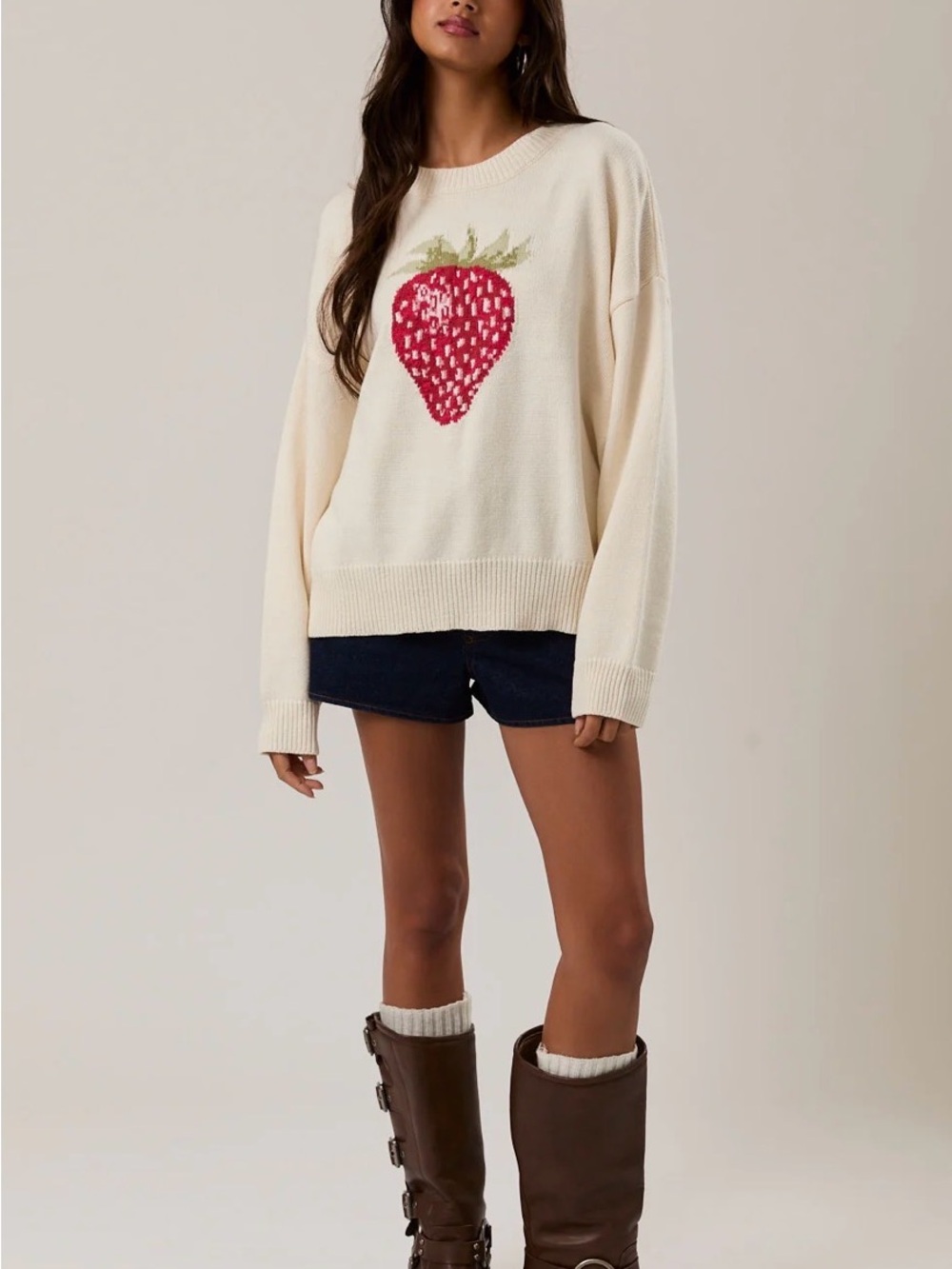 322 Cream Strawberry Intarsia Crewneck Sweater - Picture 2 of 3